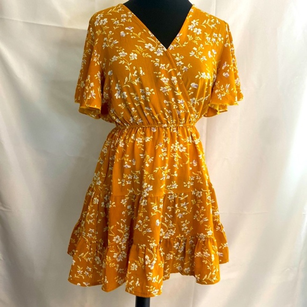 Mustard Yellow Floral spring dress flutter sleeves - Picture 1 of 6